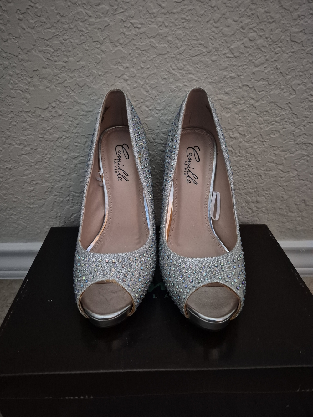 Camille La Vie Silver Crystal Peep-Toe Heels